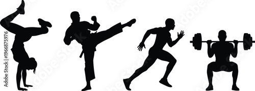 Fitness and sports silhouettes collection featuring breakdance, martial arts, running and weightlifting athletes, active lifestyle illustration set isolated on white background