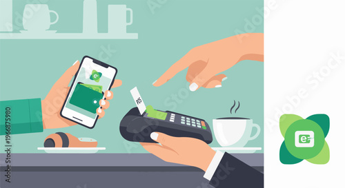 Mobile payment at cafe, phone displays wallet, POS machine used