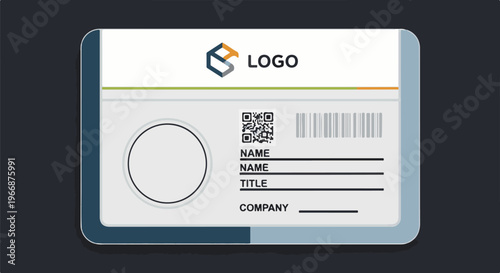 Modern ID card with logo, QR code, barcode, and fields for personal information