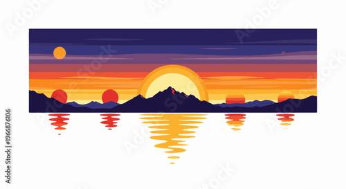 Multiple suns setting over a mountain range reflected in calm water