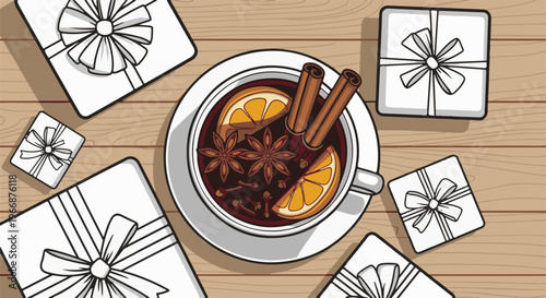 A warm spiced drink with orange slices and cinnamon sticks surrounded by gifts