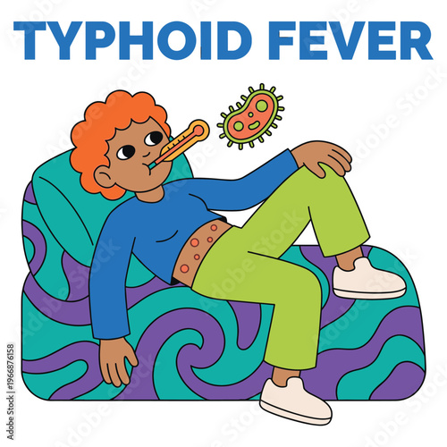 Schilderij op canvas A cartoon character illustrates typhoid fever symptoms, emphasizing medical heal