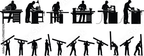 Industrial worker silhouettes set, carpenters, machinists, carrying beams, workshop labor, manufacturing people collection isolated on white background