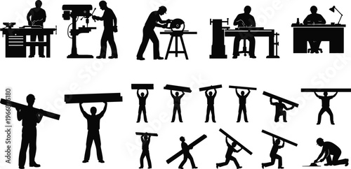 Industrial and construction worker silhouettes set, machinists, carpenters, carrying beams, workshop labor, manufacturing workers collection isolated on white background