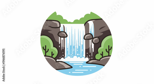 Cascading waterfall flows into a serene pool, surrounded by rocks and greenery