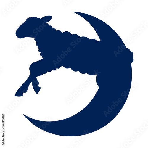 A silhouette of a jumping sheep is leaping over a crescent moon.  Simple and dark blue design
