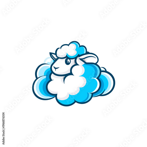 A cartoon sheep surrounded by blue and white clouds on a white background