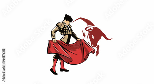Matador confronting a bull with a red cape, illustration