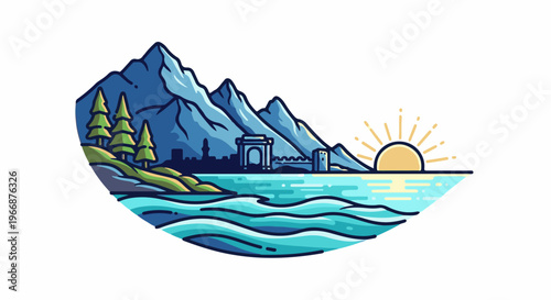 Mountain range with architectural elements beside a bay at sunrise