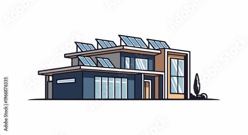 Modern house with solar panels, glass walls, and a small tree