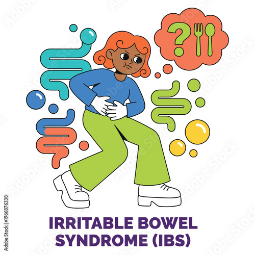 Medical health illustration of a character experiencing irritable bowel syndrome symptoms, depicting the discomfort and digestive disease healthcare challenges