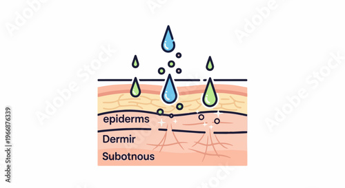 Layered skin cross-section with drops penetrating, highlighting cellular absorption and hydration