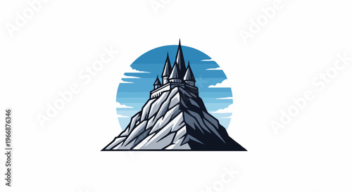 Majestic castle perched atop a rugged, snow-dusted mountain peak