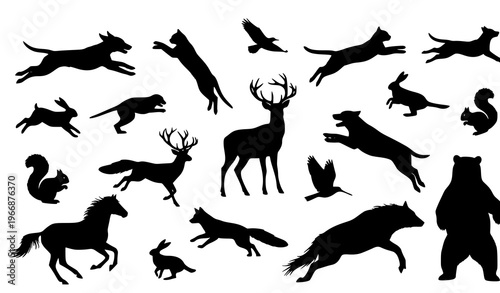 Dynamic animal silhouettes action poses wildlife and pets vector illustration set