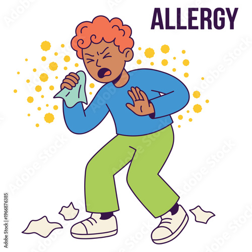 Vibrant cartoon illustration of a character experiencing sneezing and allergic reactions, highlighting seasonal health discomfort and symptoms