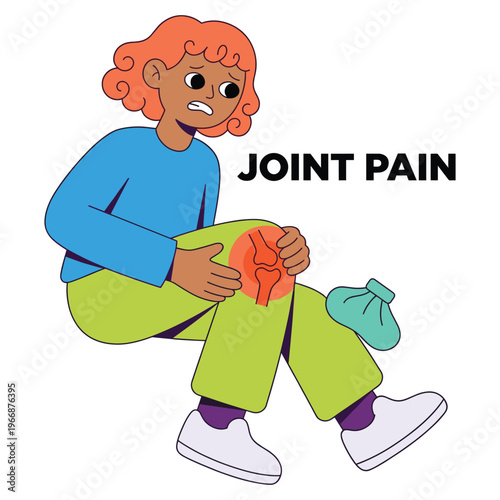 Concerned illustrated character showing medical health disease symptoms of knee joint pain, highlighting the need for healthcare and relief