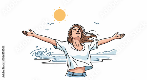 Joyful woman with arms outstretched embracing nature by the sea
