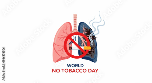 Illustration of lungs, one healthy and one damaged by smoking, with a no smoking sign