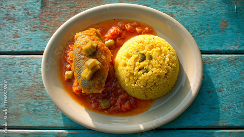 National dish of Barbados featuring Cou-Cou with okra and steamed flying fish topped with a rich tomato-based sauce, served on a blue wooden table.