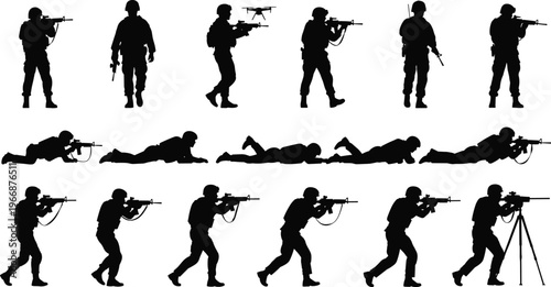 Military soldier silhouettes collection with tactical combat positions, crawling, aiming rifles and sniper poses, armed forces illustration set isolated on white background