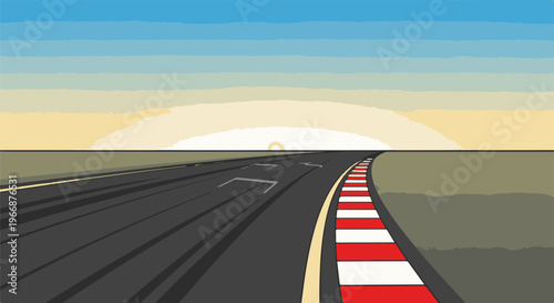 Pixelated race track curves toward a sunrise horizon