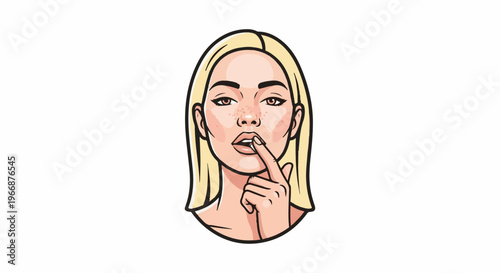 Illustration of a woman with blonde hair and freckles touching her lips