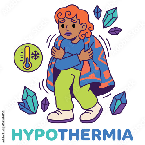 Cartoon illustration of a shivering character, depicting hypothermia symptoms, a critical medical health condition needing immediate healthcare support