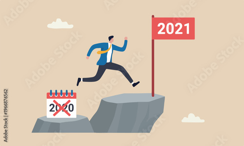 New for recovery, change year from 2020 to 2021 calendar or new challenge coming concept, confident success businessman attempt to jump high overcome risk to next