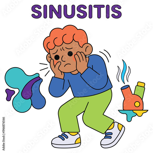 Healthcare Medical Illustration Cartoon Character Showing Sinusitis Disease Symptoms like Nasal Congestion, Runny Nose, and Facial Pain for Health Awareness
