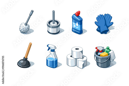 Cleaning supplies collection with brush, mop, gloves, plunger, spray, toilet paper, detergent
