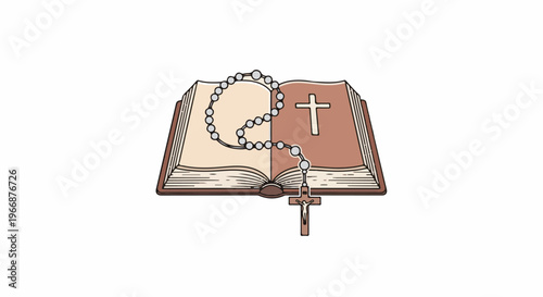 An open book with a rosary and a crucifix resting upon it
