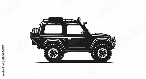 Rugged off-road vehicle with snorkel, spare tire, and roof rack