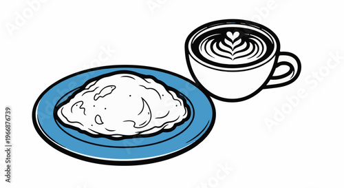 Hand-drawn illustration of a fluffy omelet on a blue plate next to a latte