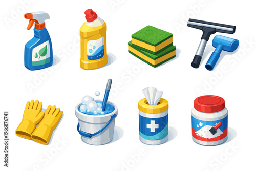 Diverse cleaning supplies collection including gloves, bucket, detergent, and sponges