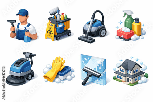 Cleaning equipment icons: tools and supplies for home maintenance and hygiene