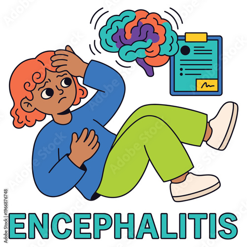 Medical health illustration of a character with encephalitis symptoms, experiencing severe headache and brain discomfort, for disease awareness and healthcare