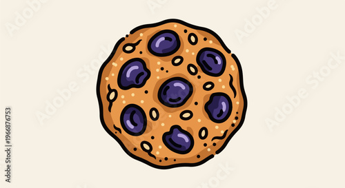 Hand-drawn cookie with blueberries and light speckles on a cream background