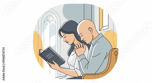 Couple praying and reading Bible inside church