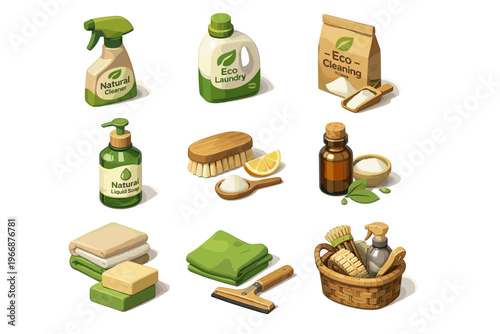 Eco-friendly cleaning products collection with natural ingredients and supplies