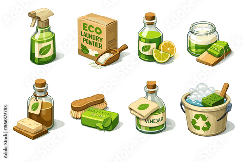 Eco-friendly cleaning products: natural soap, vinegar, lemon, bamboo tools