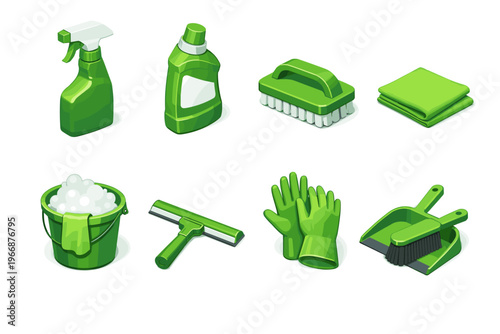 Green cleaning supplies: spray, detergent, brush, cloth, bucket, squeegee, gloves, dustpan