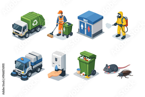 Isometric icons of sanitation workers, vehicles, public restrooms, and pest control