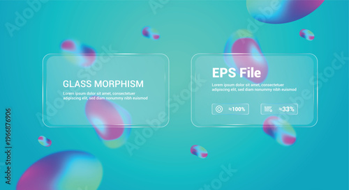 Glass morphism design with colorful bubbles on green background