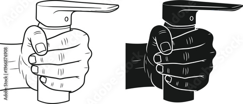 Two hands holding spray bottles a sketch in contrasting styles