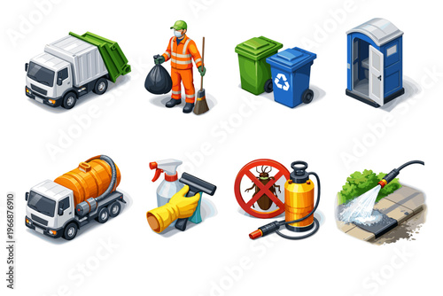 Waste collection and sanitation equipment icons featuring trucks, bins, worker, and cleaning tools