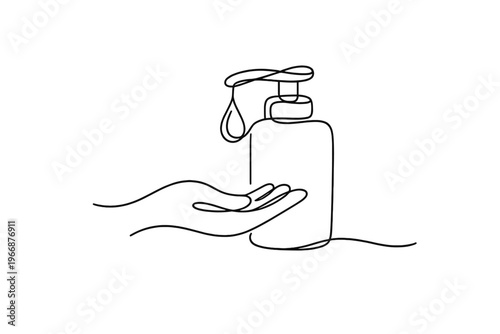 Continuous line drawing of hand and soap dispenser for hygiene awareness
