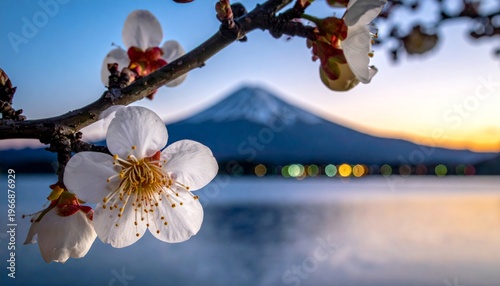 Mount Fuji Cherry Blossoms Lake Sunrise Scenic Beauty.