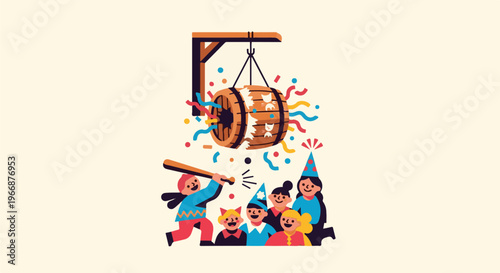 Festive celebration with piñata breaking and confetti