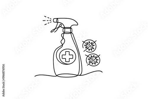 Outline drawing of disinfectant spray bottle with germ and virus symbols