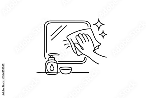 Hand cleaning mirror with cloth and soap outline illustration